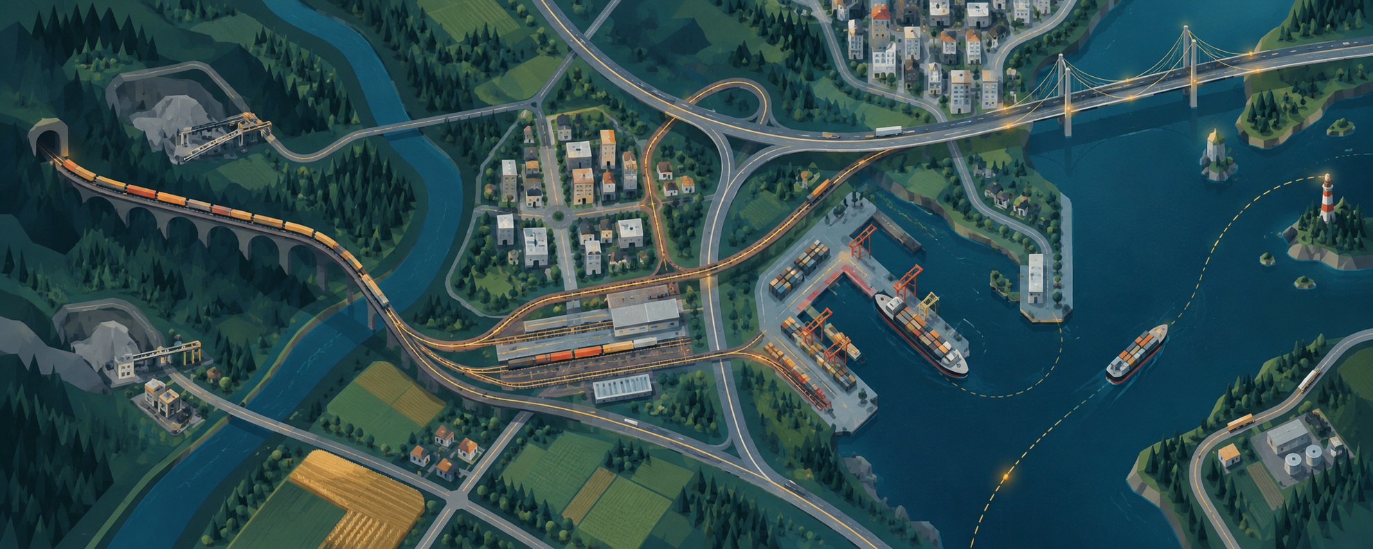 Original abstract illustration of a transport network across rail, roads and ports